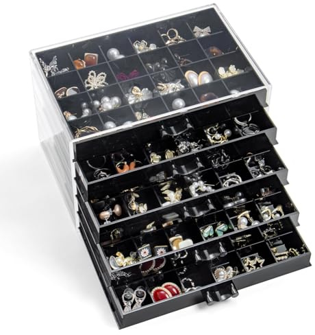 YUFONG Earring Storage Box Organizer, Acrylic Jewelry Storage Box Holder 5 Drawers Transparent Jewelry Display Stand with 120 Small Compartments Gift Boxes for Women Girls (Black)