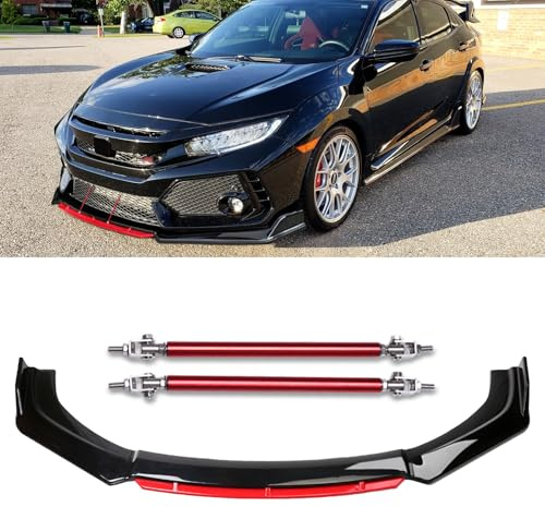 DREAMOTOR Universal Front Bumper Lip Chin Spoiler Splitter Diffuser Protector Guard Wing Body Kit Air Dams with 10-13 Red Strut Rods Compatible with Honda Civic Accord Toyota Nissan Hyundai Mazda