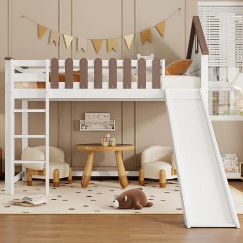 PUGSDRLY Lit Mezzanine 1 Place 90x200 cm,Lit Cabane Enfants avec Toboggan,Toit de cabane,échelle,Garde-Corps Haut,Pin,pour Enfants Adolescents