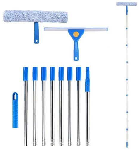 3m Window Cleaning Equipment, Window Cleaning Pole, Telescopic Window Cleaner, Window Washing Kit with Long Handle, Window Cleaner Tool with Silicone Squeegee & Microfiber Scrubber for Door Car
