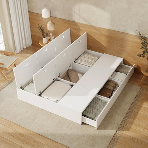 KecDuey Cama doble de almacenamiento de 140 x 200 cm, cama funcional de madera maciza, con caja de almacenamiento debajo de la cama, con cajones, con espacio de almacenamiento, sin colchón
