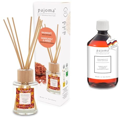 pajoma® Raumduft Sandelholz & Amber 100 ml + Nachfüller 500 ml | Komplett-Set mit Rattanstäbchen | Langanhaltender Diffuser, Premium Qualität