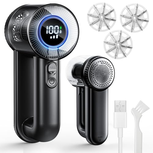 Rasoir Anti Bouloche Vetement, 1800mAh Rasoir Anti Bouloche Appareil Peluche USB Rechargeable Vêtement&Meuble, Appareil Coupe Peluche à 3 Vitesses Écran LED&3 Lame de Rechange pour Chandails/Rideaux