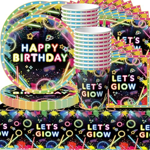 Set di 61 stoviglie per feste al neon, decorazione colorata e luminosa, decorazione per feste di compleanno, ragazzi e ragazze, set da tavola da discoteca, set da tavola da discoteca, set