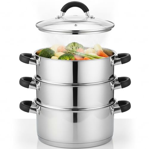 UNIQUE CARFTS 3 Tier Stainless Steel Steamer Pan | Durable Vegetable Steam Cooker Pots with Glass Lid, Vent & Twin Handles | Suitable for All Hobs Inc Induction | Dishwasher Safe | 22CM (22cm)
