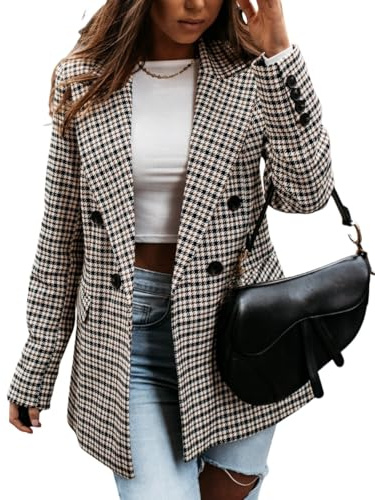 Femme Blazer Veste Blazer À Carreaux Pied-De-Poule pour Femme Revers Crantés Coupe Boyfriend Style Slim Idéale pour Le Bureau Ou Les Occasions Professionnelles Décontractées. Taille M.