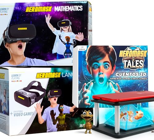 Heromask 3-in-1 Lernbundle – Sprachen, Mathematik & Geschichten in VR und Hologrammen | 2-in-1 Set mit VR-Headset + Hologrammpyramide | Originelles Geschenk für Kinder 5–12 Jahre