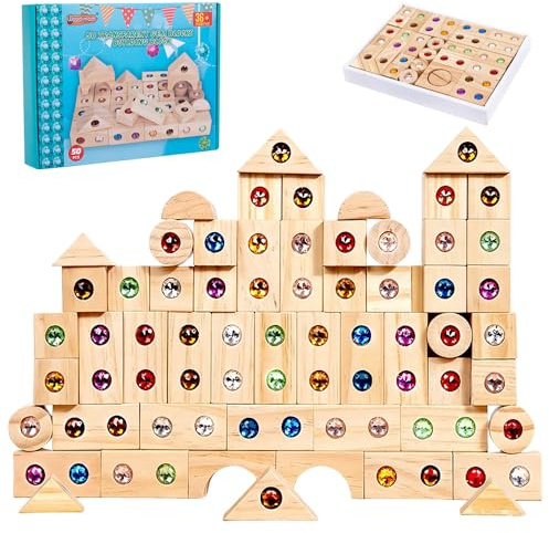 SGZIOO 50 Stück Bausteine Holz Stapelspielzeug, Regenbogen-Stapelspielzeug aus Holz, Sensorik Bausteine mit Acryl Edelstein, Regenbogen Holzbausteine