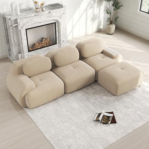 Bladez Modernes Modulares 3-Sitzer Cord Sofa in L-förmiges Ecksofa mit Ottoman, ohne Montage, ergonomisches Polstersofa mit Breiten Armlehnen & Stabiler Polsterung für Wohnzimmer,Beige, 3-Sitzer+1