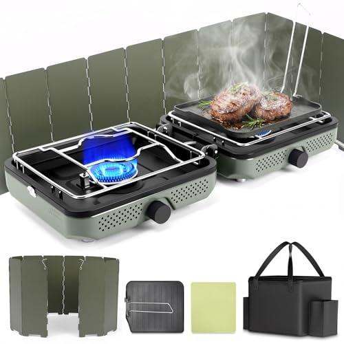 Hisencn Camping Kocher, 2-flammiger Propan Kocher mit Windschutz, 30.000 BTU Tragbarer Propanherd mit Tragetasche, Outdoor Kochset für Camping, Wohnmobil Zubehör, Geschenk für Männer, Grün