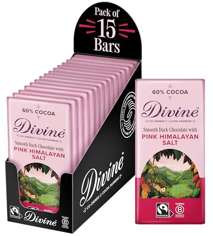 Divine 60% Cocoa Dark Chocolate with Pink Himalayan Salt 15 x 90g Bars – Fairtrade Dark Chocolate – Sweet & Salty – Ethical Premium Chocolate