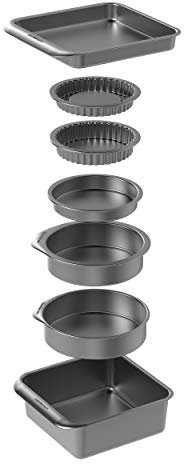 MasterClass Smart Space Backformen-Set 7-teilig, antihaftbeschichtet und stapelbar mit 1 x Bratform, 2 x runde Kuchenform, 1 x Sandwichform, 2 x Flan-/Quiche-Form und 1 x Brownie-Blech in Geschenkbox