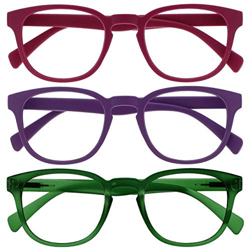OPULIZE Pop Pack 3 Rétro Rond Lisse Mat Pink Pourpre Vert Hommes Femmes Lunettes De Lecture Charnières Ressort RRR2-456 +3,50