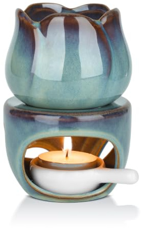 ComSaf Wax Melt Essential Oil Burner with Tealight Spoon, Removable Aromatherapy Burner Blue Ceramic Aroma Oil Candle Diffuser Wax Tart Warmer for Home Bedroom Decor Christmas Housewarming Gift