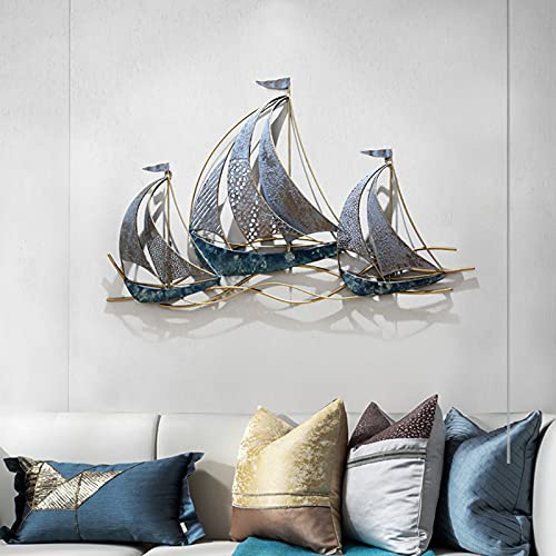 WANGLE Metal Sailboat Wall Decor, 3D Nautical Ship Wall Sculptures, 34.02 L x 21.26 H Handmade Coastal Beach Sailboat Wall Art Decor School Home Hotel Living Room Bedroom Dining Room,A