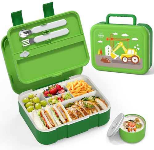 Lehoo Castle Kids Lunch Box with 5 Compartments, 1250mL Bento Lunch Box for Kids with Cutlery, Bento Box Lunch Containers for Boys, Leak-Proof, BPA Free, Microwave Safe(Excavator)