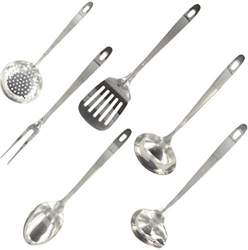Fackelmann 9990650 - Juego de utensilios de cocina (6 piezas, skimmer, tenedor, pala para servir, cucharas, cuchara, acero inoxidable, 28 a 32 cm)