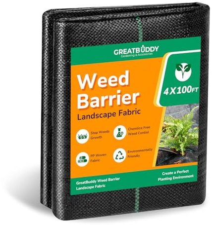 GreatBuddy 4FT × 100FT Weed Barrier Landscape Fabric Heavy Duty, 3.2oz High Density Weed Cloth for Greenhouse, Garden, Yard, Pathway, Ultra-Durable Woven Weed Control Ground Cover, Easy Setup