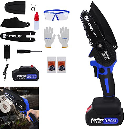 Mini motosega a batteria da 4 pollici con olio automatico, motosega elettrica portatile con una sola mano, 1 batteria da 1,5 Ah, motosega elettrica per taglio del legno, taglio del legno da giardino,