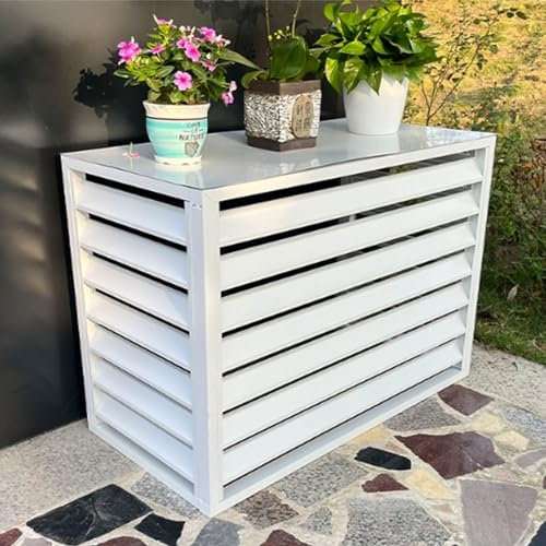 Aluminum Mini Split Air Conditioner Cover and Heat Pump Stand - Outside Unit Protection With Noise Reduction, Outdoor AC Cover, Plant Shelf - White Flat