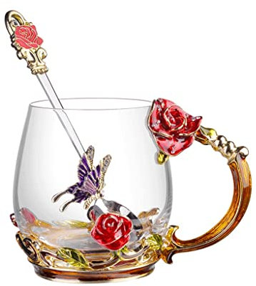 Tazzine Caffè Tazza da Caffè Tazza di Tè Tazza da tè Tazze da caffè in vetro con cucchiaio Tazza da caffè a forma di farfalla con fiori di rosa Bella Regali di compleanno per le donne Tazzine di Caffe