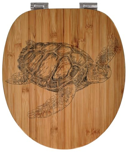banjado® Hochwertig gravierter Design WC Sitz Bambus Absenkautomatik Schildkröte/Toilettendeckel mit Absenkautomatik Holz/Bambus Klodeckel/WC-Sitz für alle gängigen Toiletten