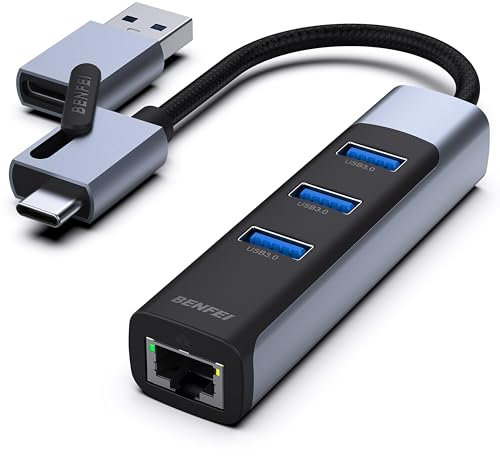 BENFEI Adattatore 2 in 1 da USB-C/USB 3.0 a Ethernet con 3 porte USB 3.0 compatibile per iPhone serie 15, MacBook Pro/Air 2023/2022/2021/2020/2019 e altri