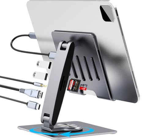 HC Universal Docking Station for iPad Mini Air Pro Galaxy Tab iPhone Adjustable 7-in-1 USB Hub 360°Rotatable iPad Stand with USB C Hub 12.9 inch 4K HDMI USB 3.0 PD 100W 3.5mm Audio SD/TF Card Reader