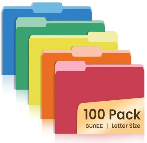 SUNEE File Folders Letter Size Assorted Colors, 100 Pack Manilla Folders 8.5 x 11 1/3-Cut Tabs, Colored File Folders Office Home School for Documents Files Paper