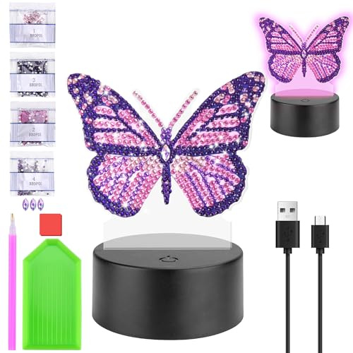 Homgaty Diamantmålning komplett kit med nattlampa för barn, kreativa spel för flickor 5–12 år, 16 färger justerbar LED, julklapp/födelsedag många mönster (lila fjäril)