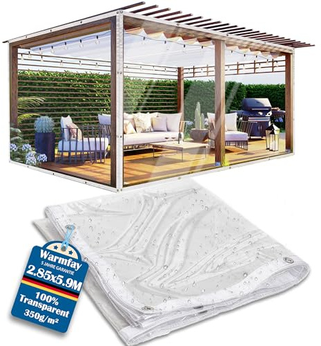 Warmfay Abdeckplane mit Ösen 2.85X4.9M, wasserdichte Durchsichtige Plane 350g/m², PVC Plane Transparent mit Ösen, Wetterfest Winterfest Anti-UV Zeltplane für Pavillon, Pflanzen, Gartenmöbe, Camping