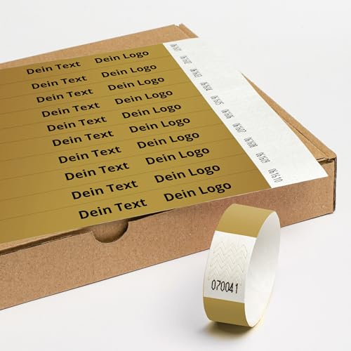 Personalisierbar Einlassbänder aus Tyvek 1000 Stück - 19x255 mm Gold | Mit Aufdruck oder Logo, Events, starke Klebstoffbindung, Antiallergen - Selbstklebend und Wasserdicht Festival Armbänder