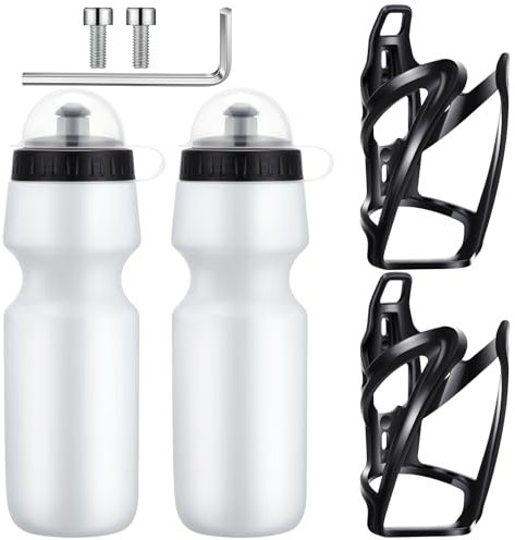 Mifoci 2 Sets Bike Water Bottle Cage with Bottle Bike Water Bottles and Holder 24oz Squeeze Sport Bicycle Accessories for Mountain Outdoor Cycling (White)