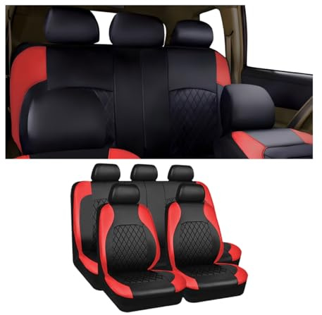 JNNJ 9 Pezzi Coprisedili per Auto, Coprisedili Universali in Pelle Traspirante, Set Copri-Sedile per Anteriori E Posteriori, Set Completo Di Accessori Interni per Autos Veicolo SUV(Rosso)