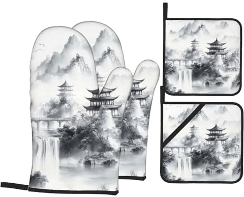 4 Pcs Traditional Chinese Ink Painting Oven Mitts and Potholders,Kitchen Oven Glove with Pot Holders,Non-Slip Gloves High Heat Resistant 500 Degree for BBQ, Grill, Baking, Cooking, Oven, Microwave