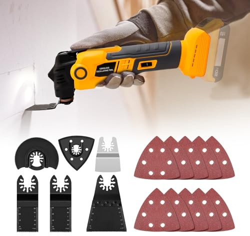 Herramienta oscilante inalámbrica compatible con batería De-Walt de 20 V, antivibración, sin brotes, multiherramienta con ángulo de 4°, 6 velocidades variables, cuchillas de 16 piezas (solo