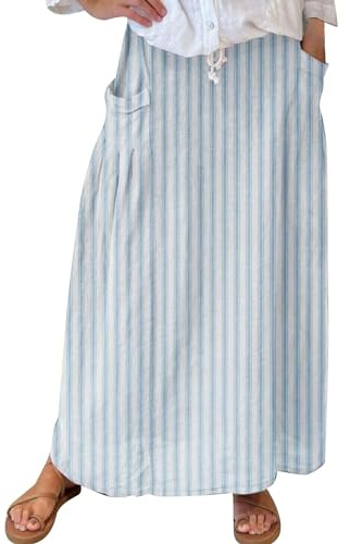Falda Larga de Lino con Cintura elástica y Bolsillo para Mujer, Azul Celeste, XXL