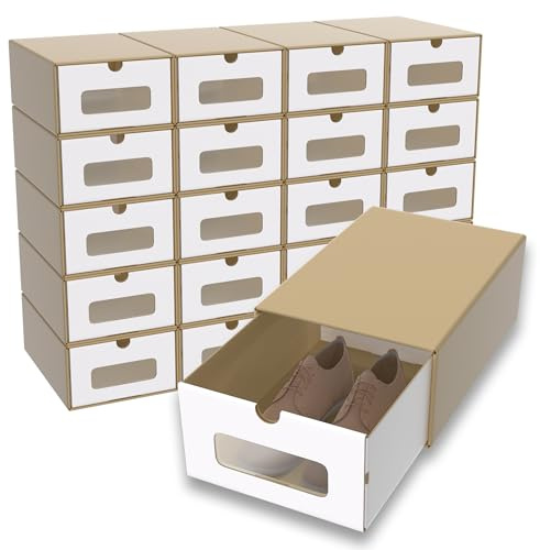 Suusolny Schuhbox mit Sichtfenster & Schublade 20er Boxen-Set Aufbewahrungsbox Braun Schuhkiste Schuhschachtel Schuhkarton aus Kraftpapier Ordnungsboxen Stapelbar aus Pappe - 34.5x23x13.5cm(Braun)