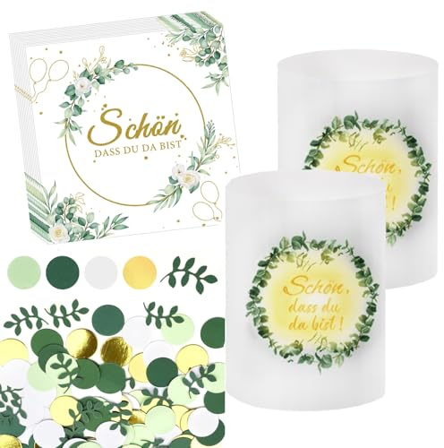 AUNGCSHE 20 Stück Geburtstagsservietten, 12 Stück Eukalyptus Windlicht Tischdeko Geburtstag, 100 Stück Konfetti, Geeignet für Geburtstagsdeko, Eukalyptus Tisch Deko, Taufe, Silvester, Parteien
