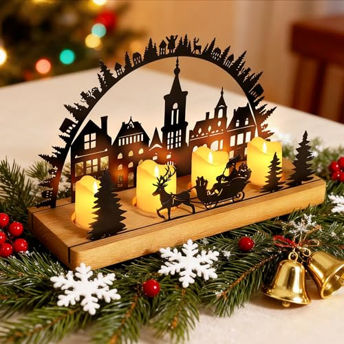 LYLIDIA Bougeoir moderne - Couronne de l'Avent - Bougeoir en métal noir avec supports en bois - Bougeoirs - Plateau de l'Avent - Décoration de table de Noël - Noir