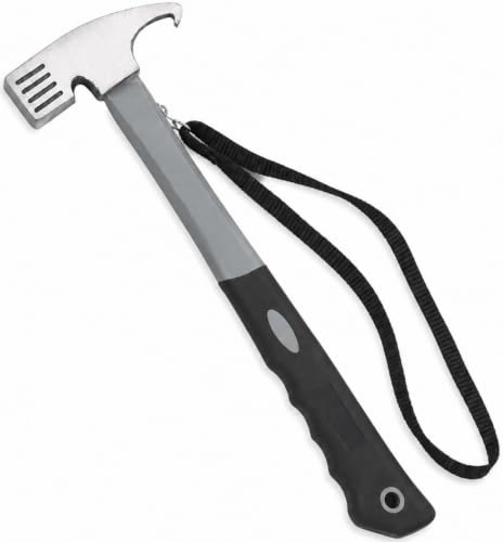TMV24® Zelthammer mit Heringsauszieher - Campinghammer mit Handschlaufe - Praktischer Robuster Hering Camping Hammer zum Zelten & Heringe Herausziehen - Ideal für Zelt, Hartboden & Outdoor, GRAU