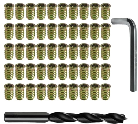 SGTBQLL 50 PCS 3/8-16 x 25mm Threaded Inserts for Wood Furniture, Zinc-Plated Carbon Steel Screw-in Nuts with Hex Drive, Includes 13mm Drill Bit & Wrench for Furniture Assembly