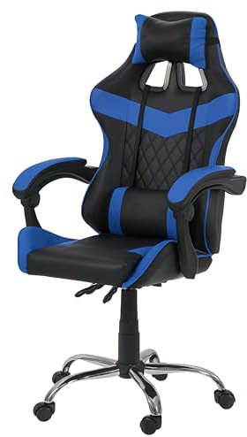 Sedia Gaming Ergonomica Reclinabile - In Ferro Cromato, Seduta Con Imbottitura EXTRA, Effetto Pelle, Altezza Regolabile, Cuscini Lombare e Cervicale Rimovibili, Ruote “soft floor”Antigraffio, (Blu)