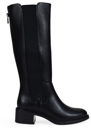 BOSANOVA Botas Altas para Mujer con elástico en la caña, Tirador metálico y Suela Plana con tacón Ancho con Pieza metálica. Cierre con Cremallera. Calzado para Mujer Negro 41