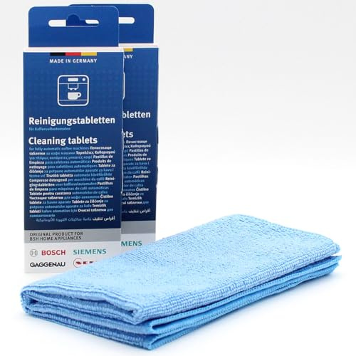 Kit de cuidado: 20 Pastillas de limpieza para Cafeteras automáticas + paño de microfibra, compatible con Siemens TP507D04/04, TP507D04/09, TP507D04/10, TP507DX4/03, TP507DX4/04, TP507R04/02