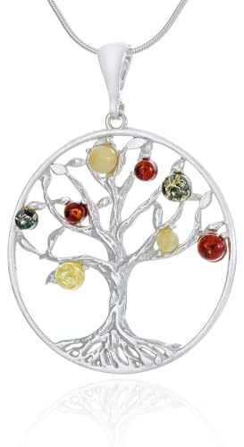 AMBEDORA Damer stort silverhalsband livsträd mod.07 med bärnsten, polerad sterlingsilver, färgglad baltisk bärnsten, silverhänge på kedja