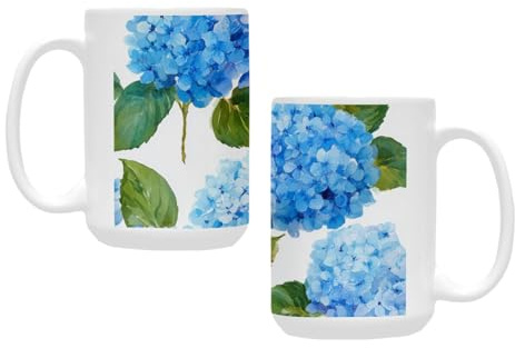 qenuh Hydrangea Floral Blue Charm Ceramic Mugs Coffee Cup Smooth Glaze Finish 15 oz Classic Tea Cup for Hot Drinks, Office/Home Use
