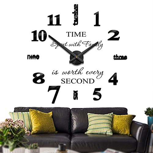 Mintime Rahmenlose 3D DIY Wanduhr XXL Stumm Spiegel Aufkleber Home Office Schule Dekoration (Schwarz-14)
