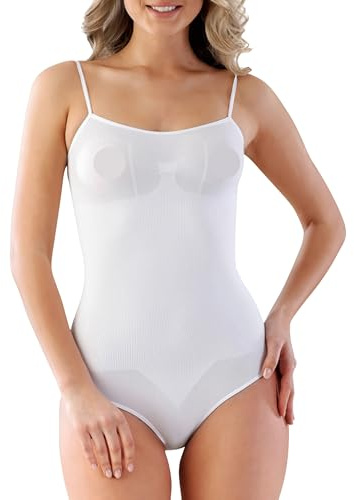 VEDATS Damen Shapewear Body Figurformend Miederbody Shaper Bauch-Weg Spaghettiträger (M, Weiß)