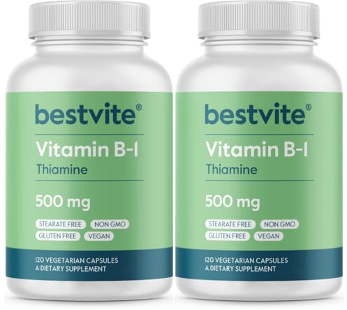 BESTVITE Vitamin B-1 (Thiamin) 500mg (240 Vegetarian Capsules) (2 x120) - No Stearates - Vegan - No Calcium Carbonate - Non GMO - Gluten Free - No Silicon Dioxide